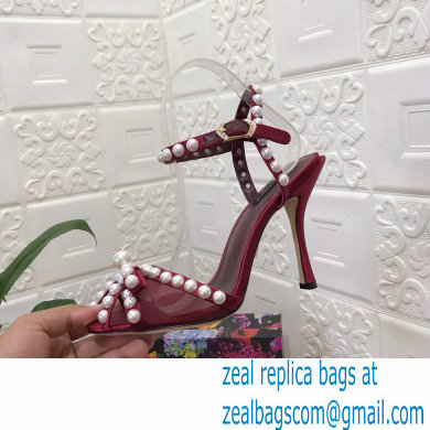 Dolce  &  Gabbana Heel 10.5cm Satin Sandals Burgundy with Pearl Application 2021